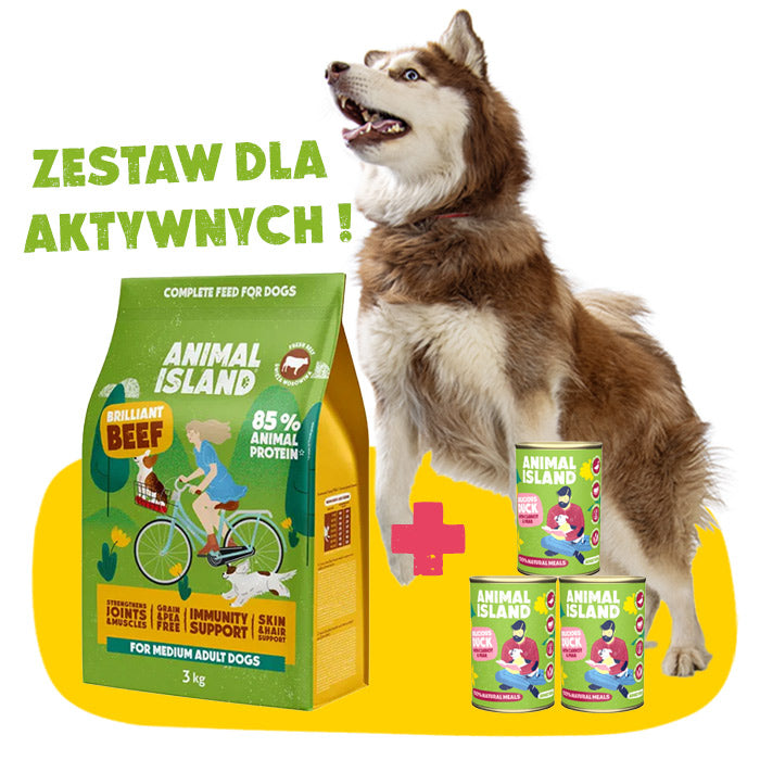 Zestaw Sportowy: Sucha karma dla Psa z wołowiną i kaczką 3kg + mokra karma dla Psa  3 x 400 g