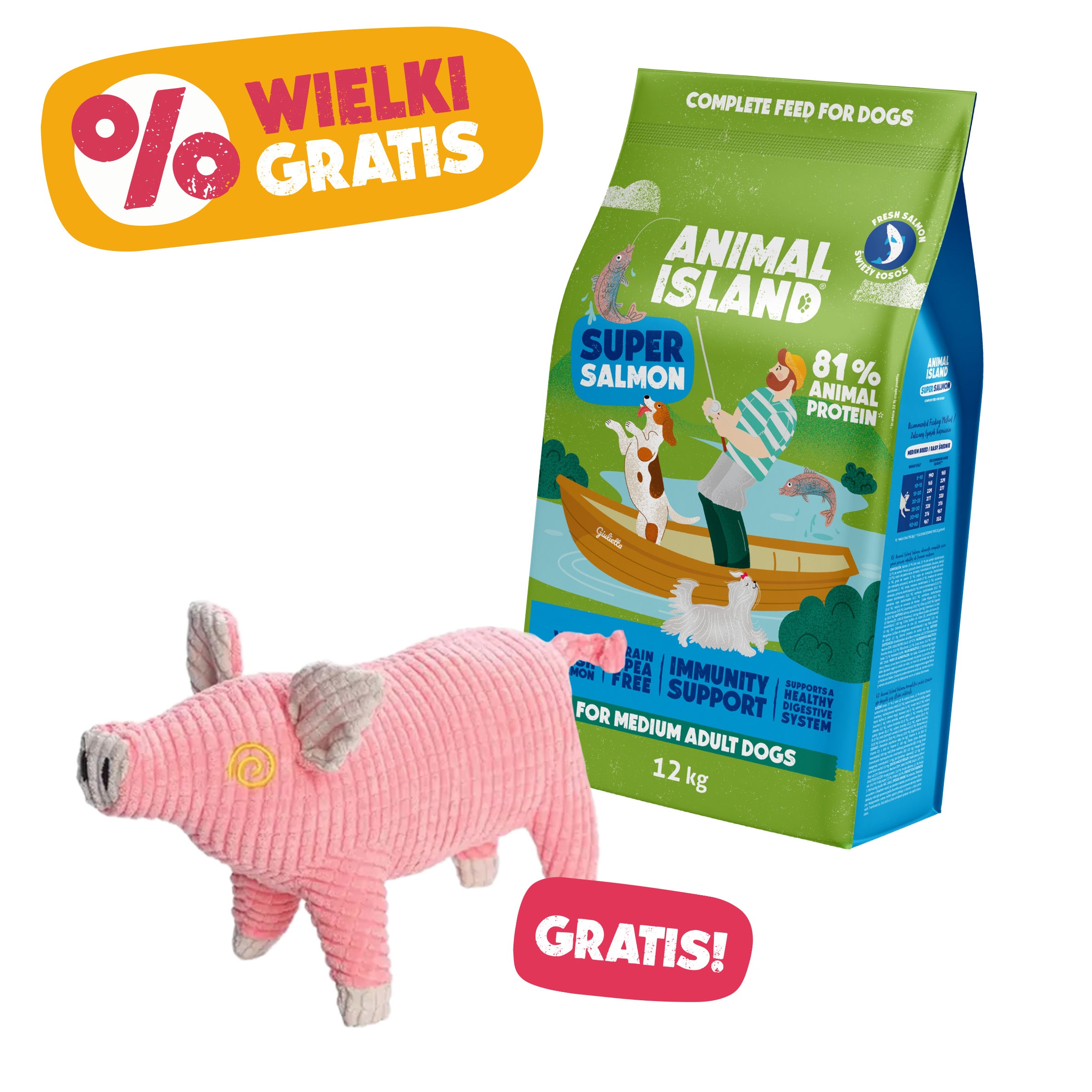 Animal Island Salmon  12 kg – bezzbożowa karma sucha z łososiem dla psów+ zabawka Świnka GRATIS