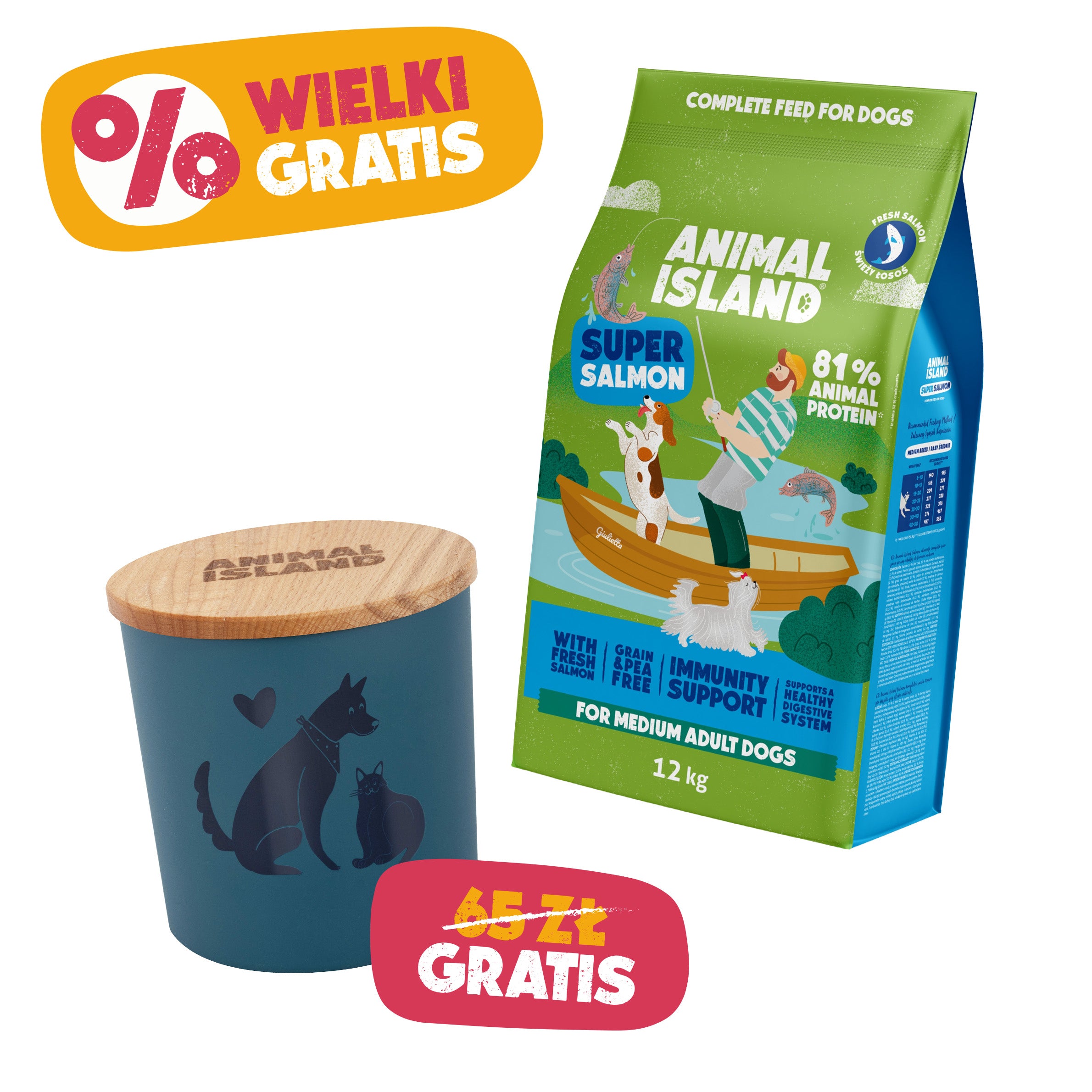 Animal Island Salmon  12 kg – bezzbożowa karma sucha z łososiem dla dorosłych psów + świeca Wanilia & Karmel GRATIS